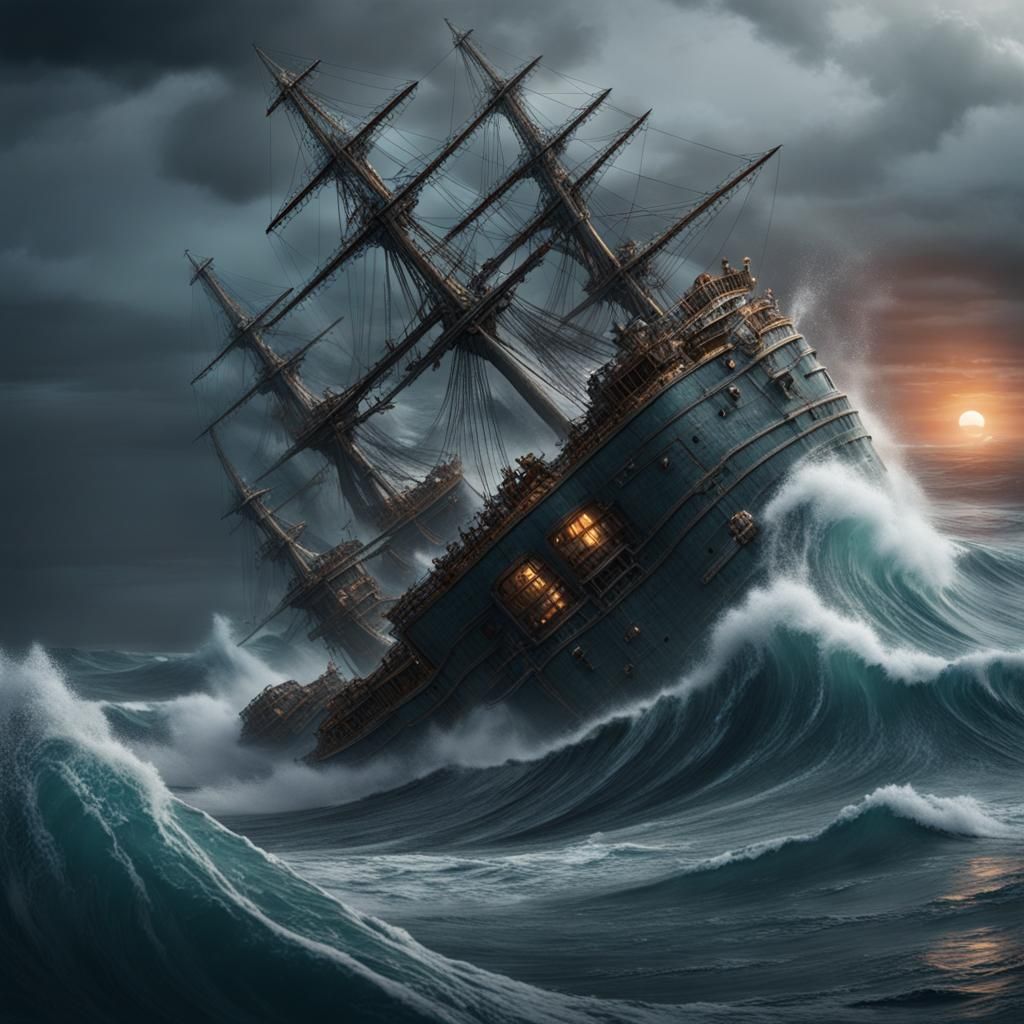 Ship Capsized by Monster Wave: Detailed Digital Painting