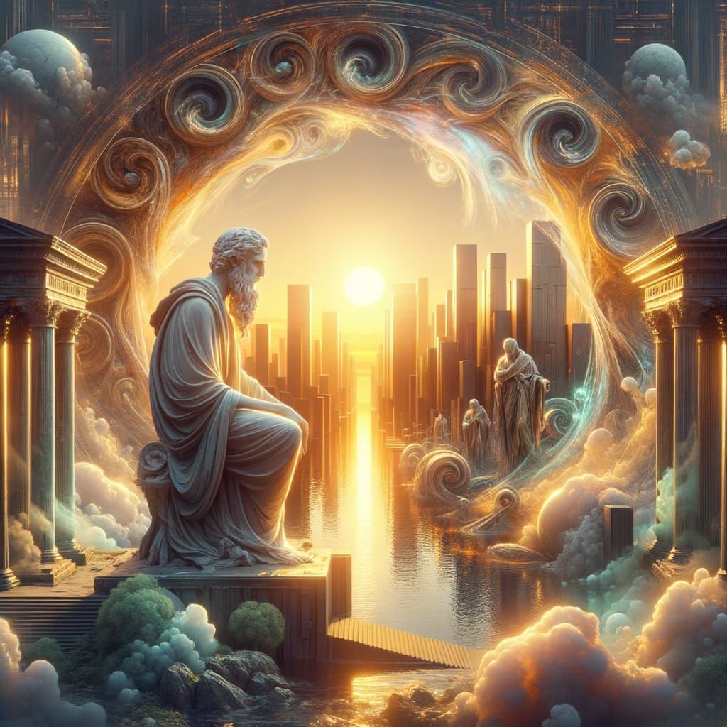 Ancient Philosopher Statue in Golden Light, Modern City Back...