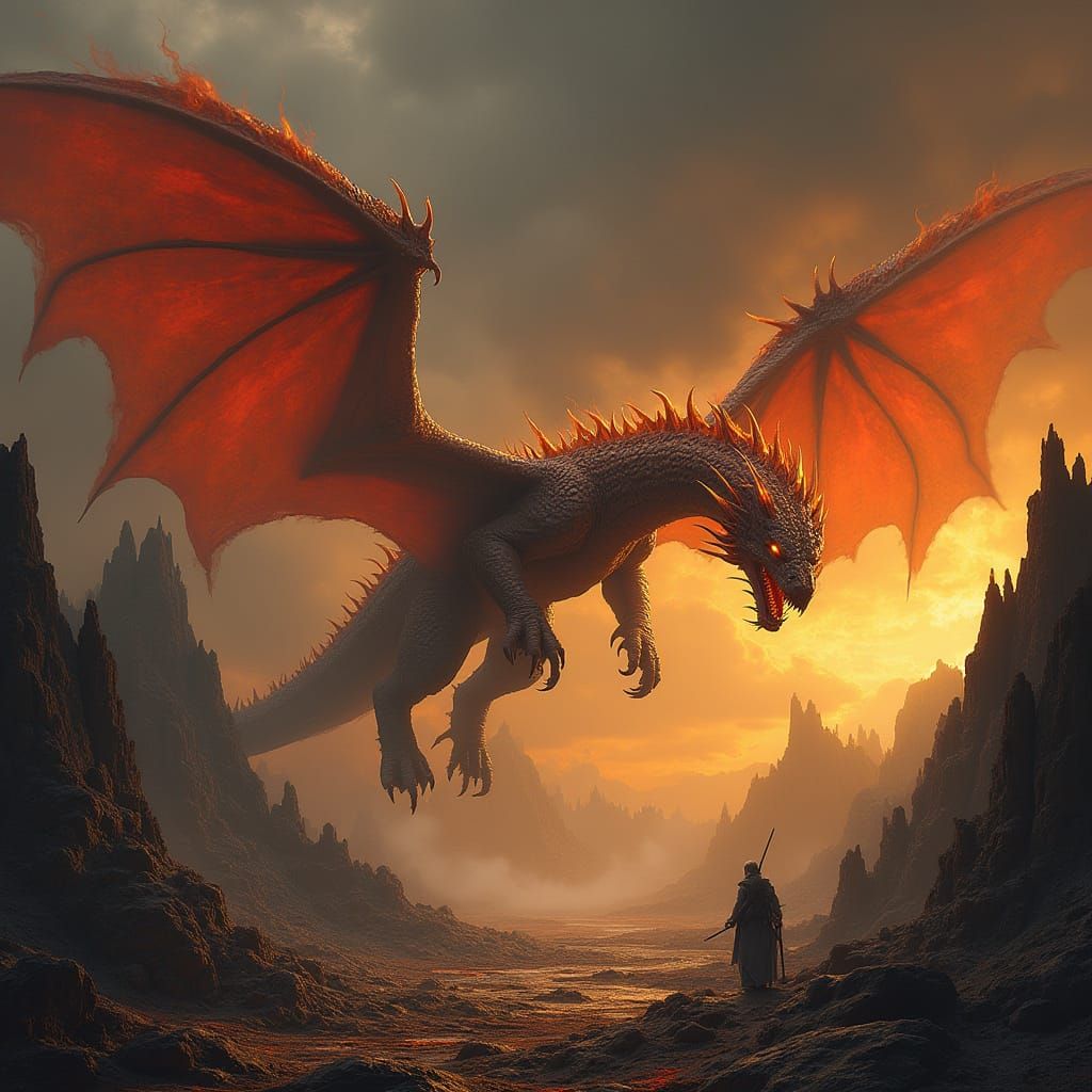 Molten Gold Dragons Soar Over Volcanic Wasteland