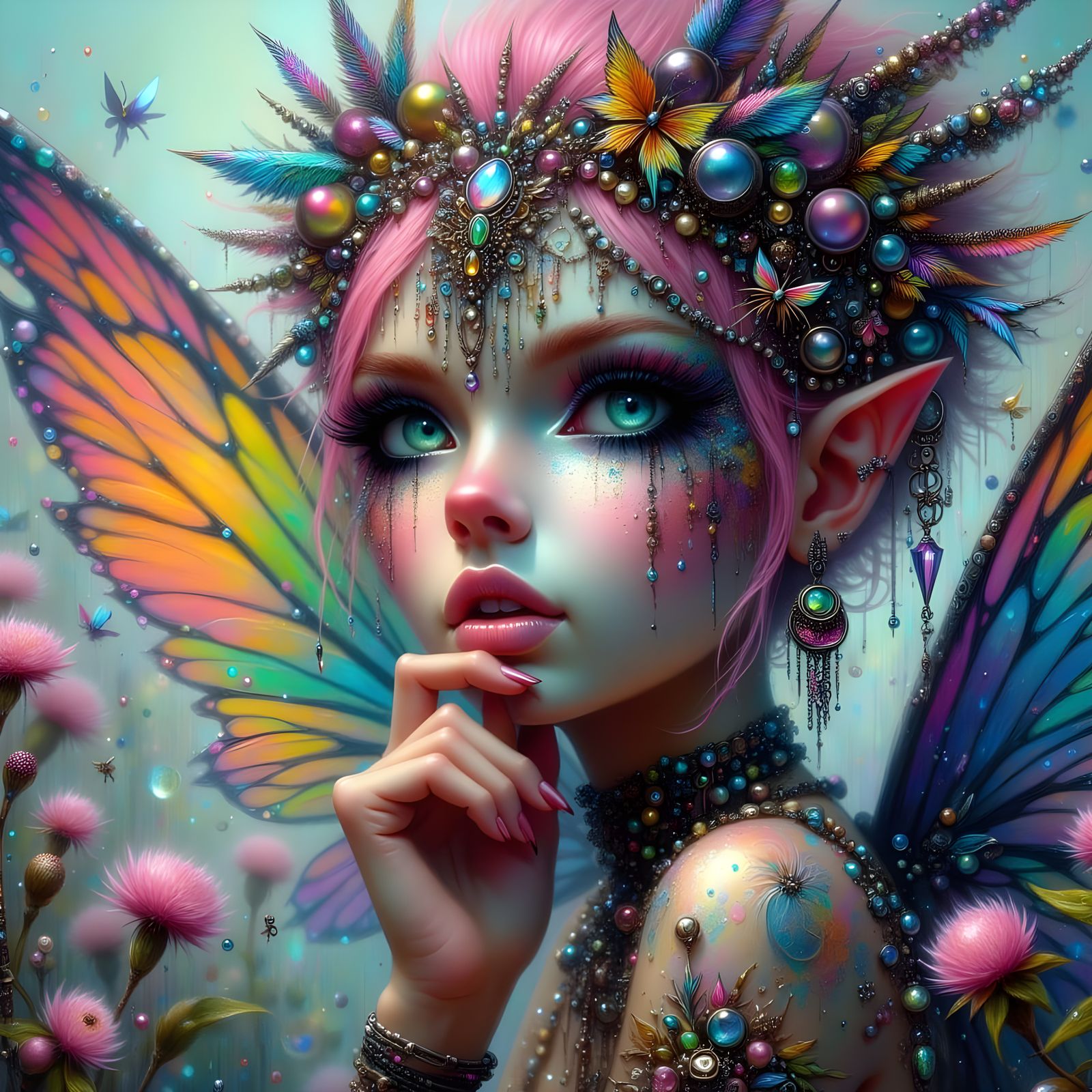 Fairy Woman Adorned with Colorful Jewels and Big Eyes