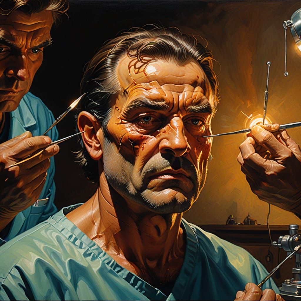 Brain Surgery Scene in Oil Painting Style
