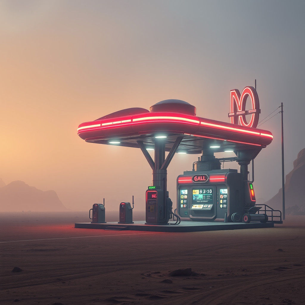 Neon Gas Station on Barren Alien Planet