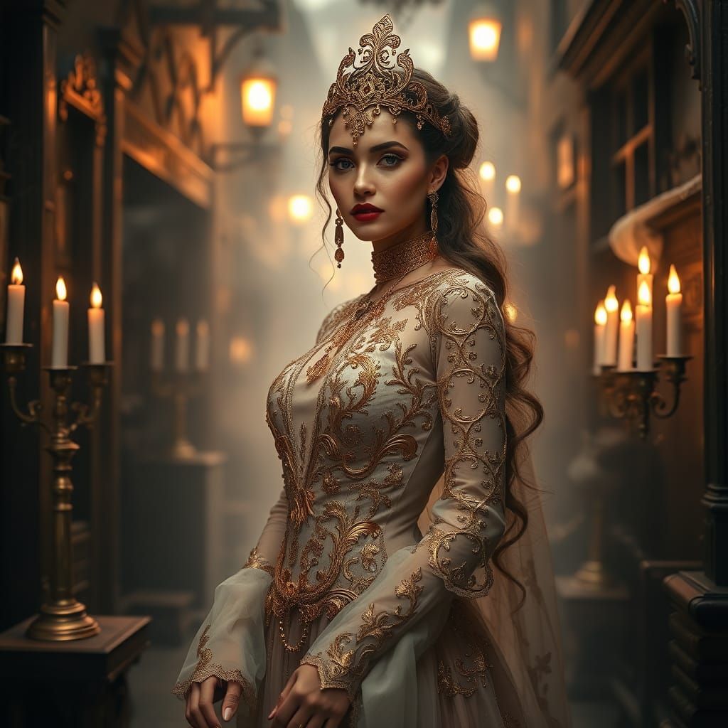 Candlepunk Woman in Victorian Alleyway