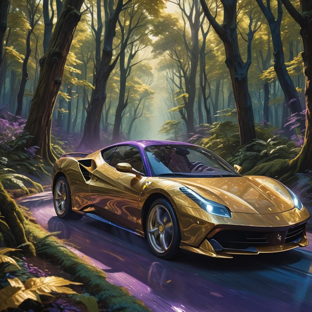 Golden Ferrari Races Through Mystical Forest
