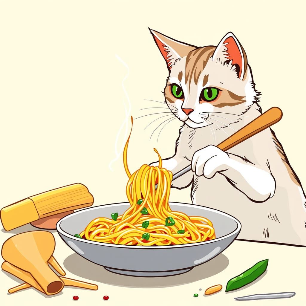 Feline Chef Whips Up Spaghetti Masterpiece
