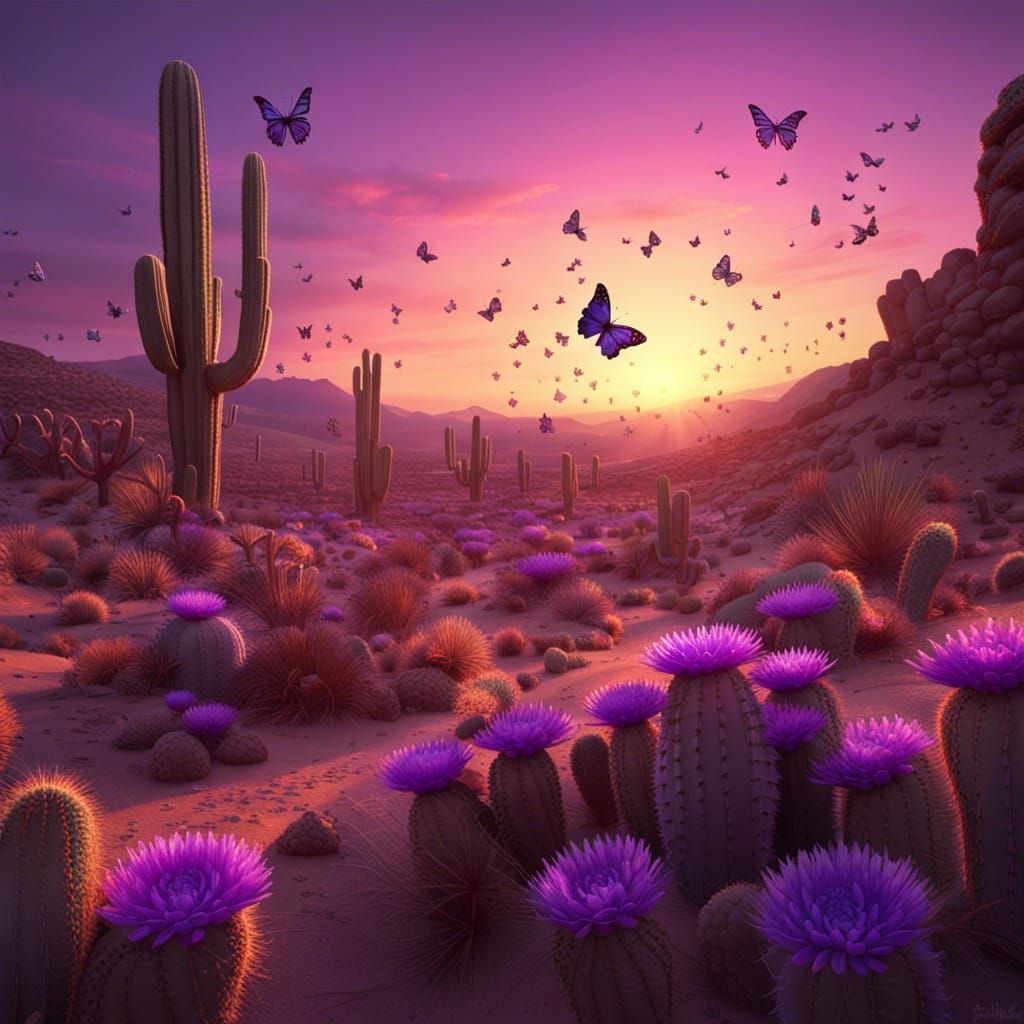 Desert Sunset: Cactus with Purple Flowers and Butterflies
