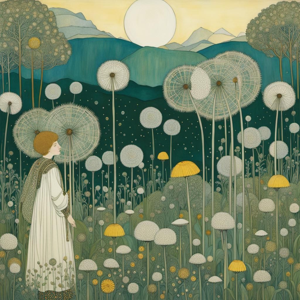 Whimsical Dandelion Meadow in Art Nouveau Style