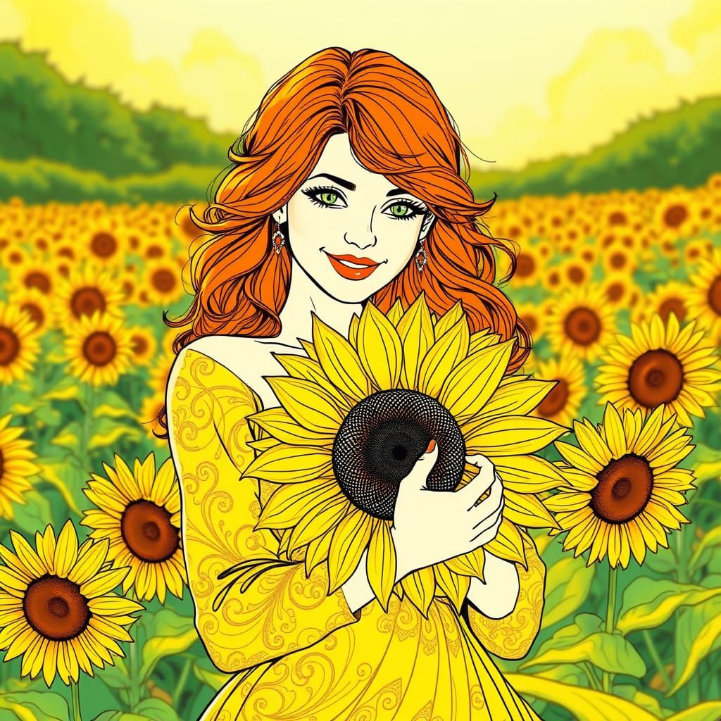 Vibrant Art Nouveau Goddess in Sunflower Field