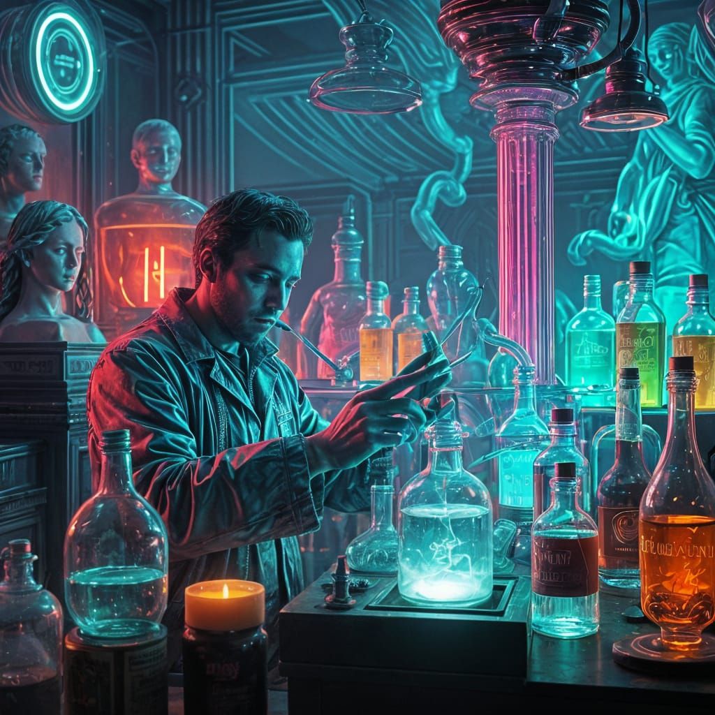 Vaporwave Alchemist Experimenting in Neon Laboratory