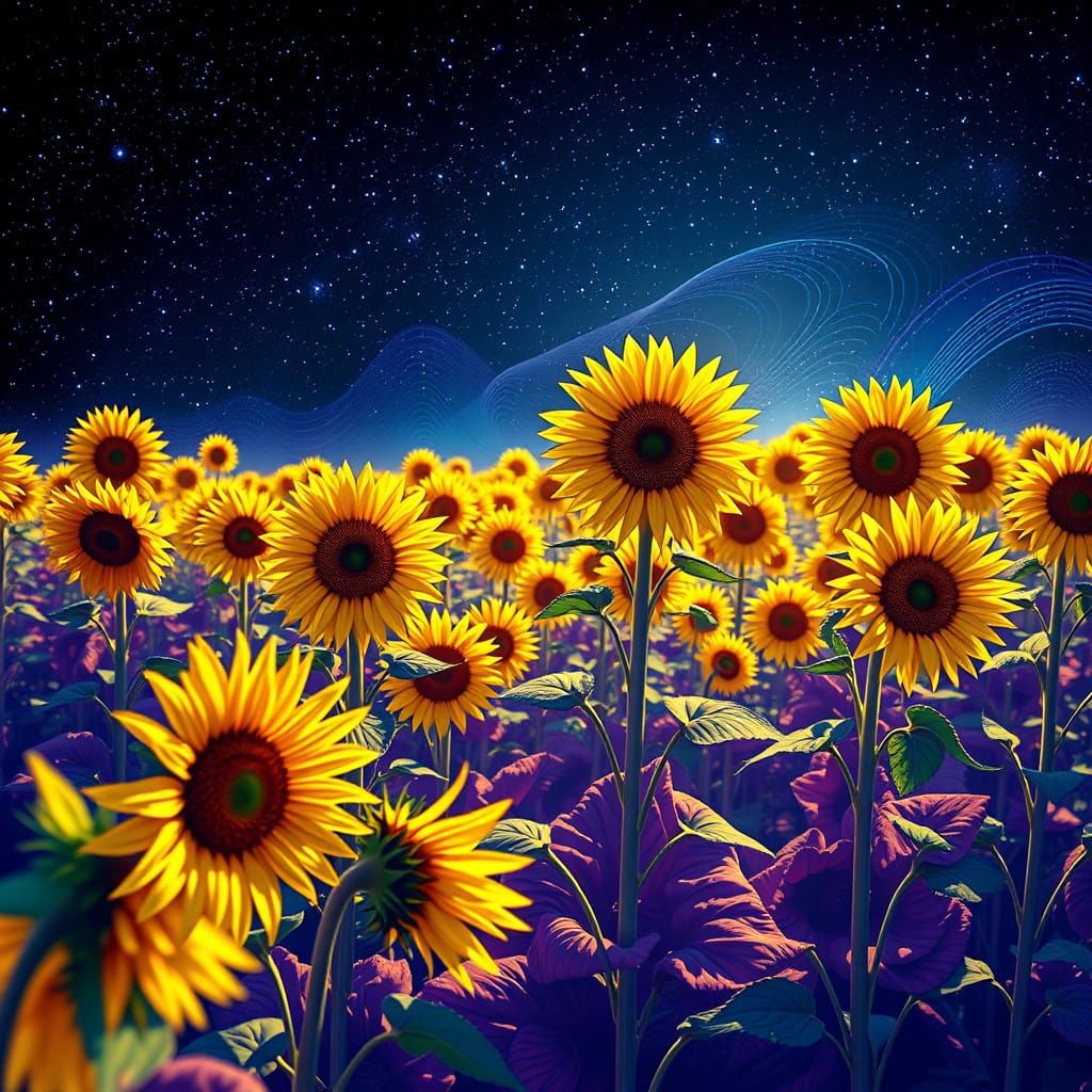 Glowing Futuristic Sunflower Field Under Stars