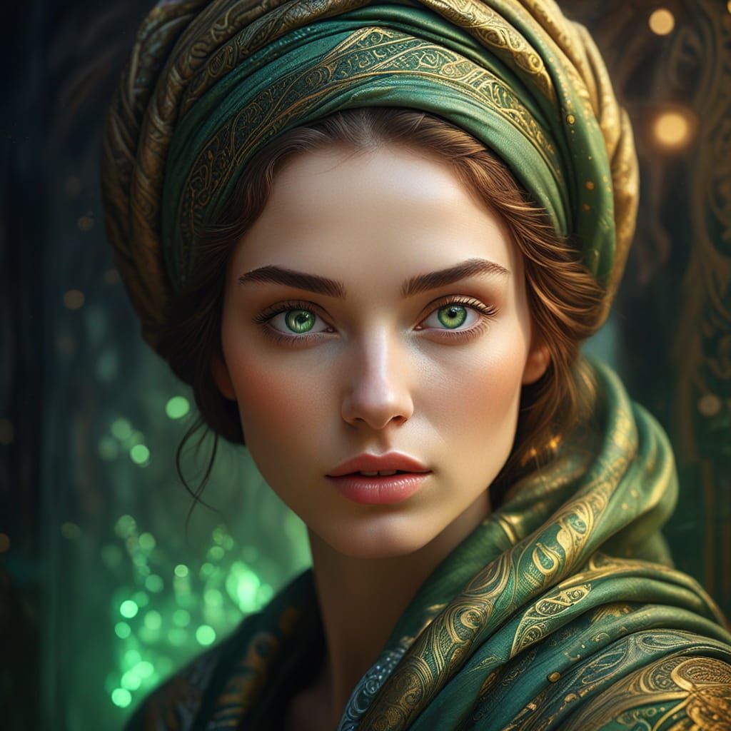 Ethereal Green-Eyed Woman: Surreal Dreamlike Portrait