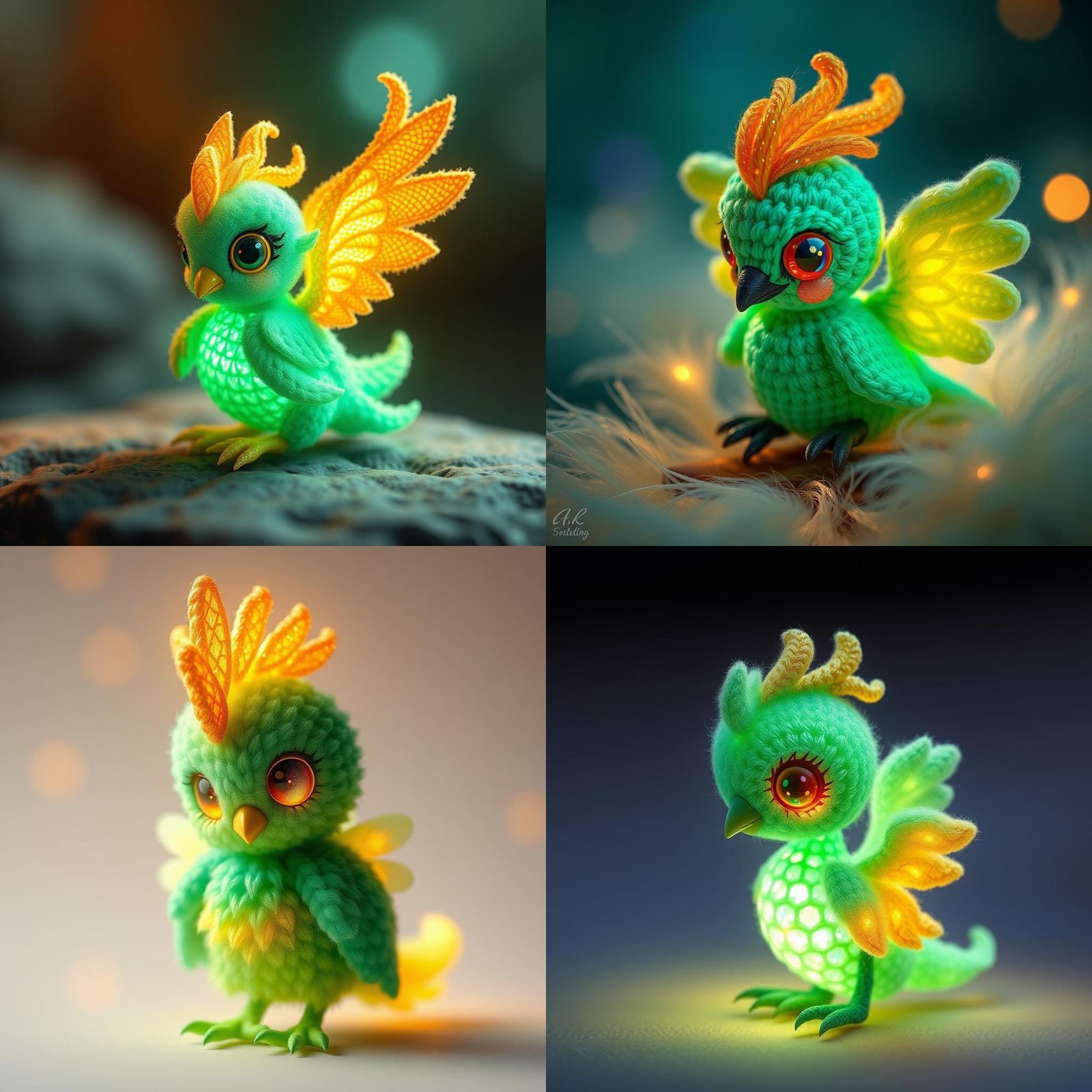 Emerald Baby Phoenix with Crocheted Feathers