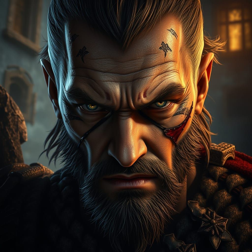 Dark Fantasy Warrior in Intense Gaze, Hyperrealistic Art