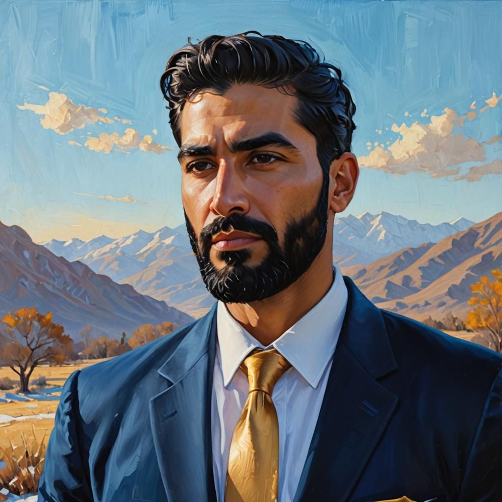 Elegant Man in Blue Suit: Impasto Oil Painting