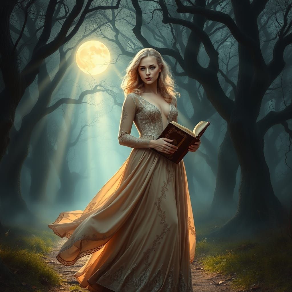 Blonde Woman in Vintage Gown Reads Book on Misty Forest Path