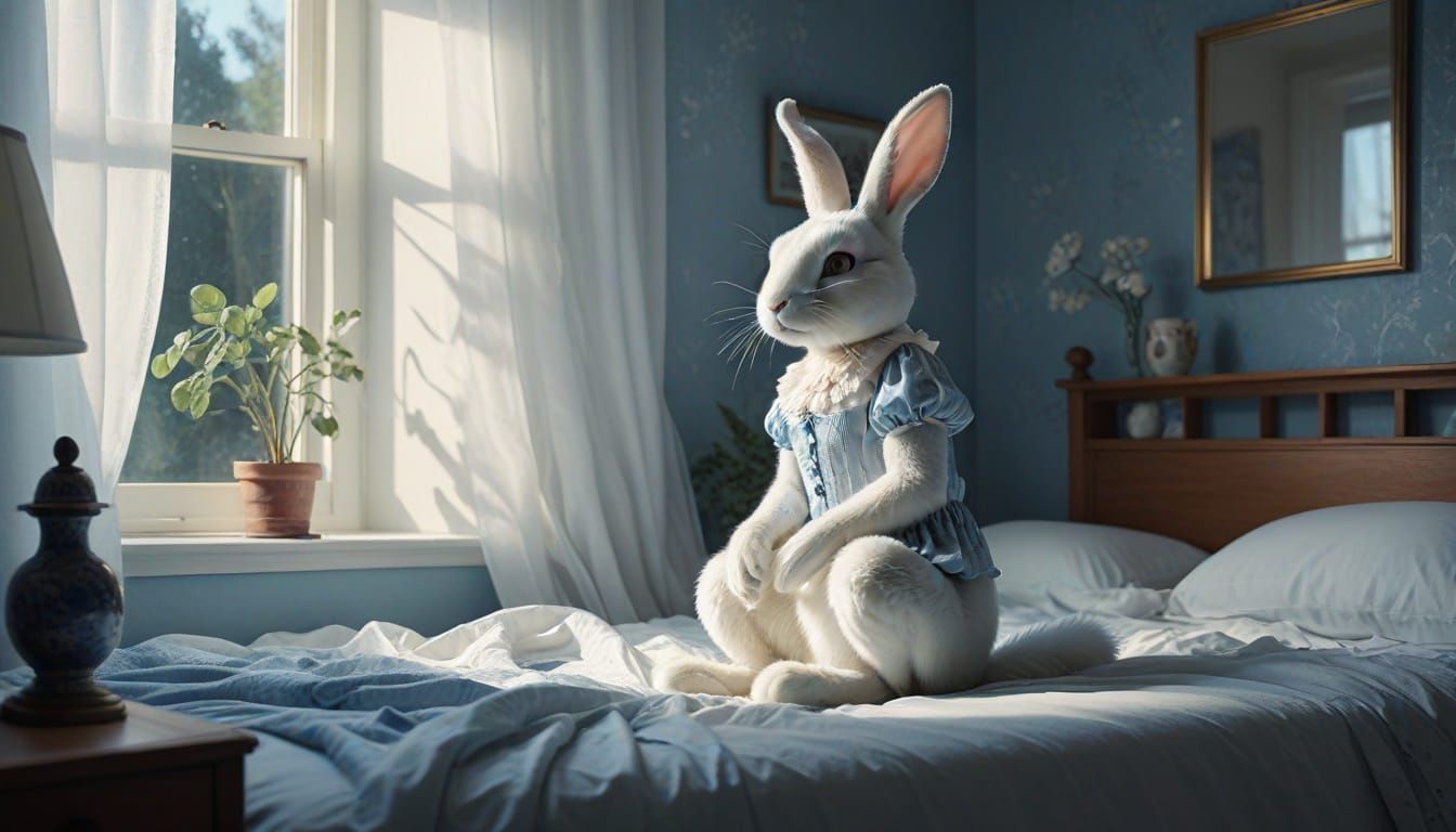 Vintage Bunny Girl in Whimsical Bedroom Setting