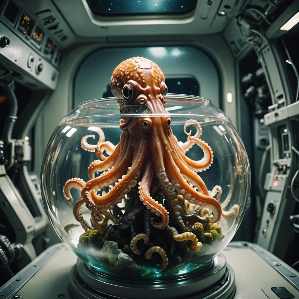 Cephalopod in Spacesuit in Fishbowl: Cinematic Still