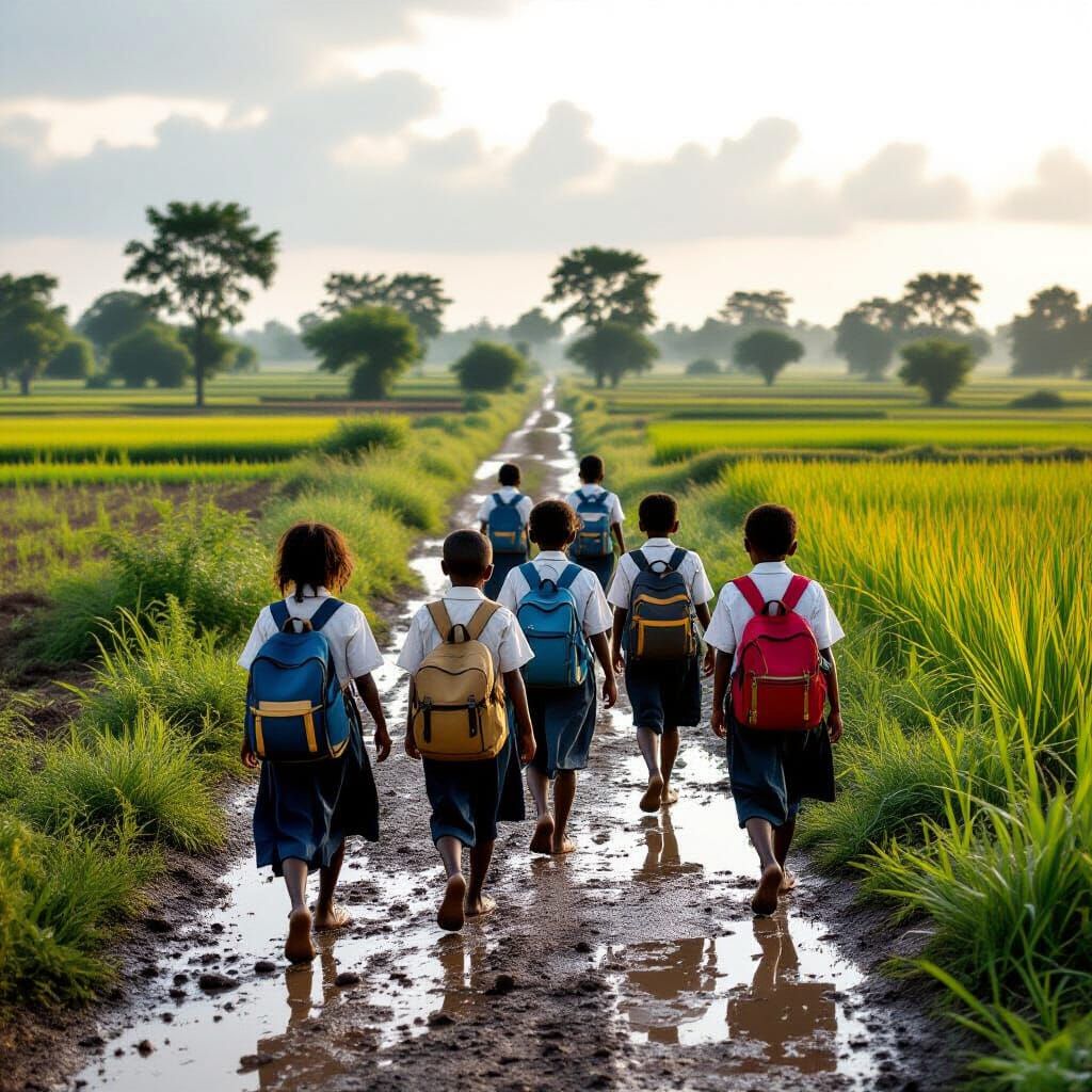 Village Children Walk Rural Path in Documentary Style