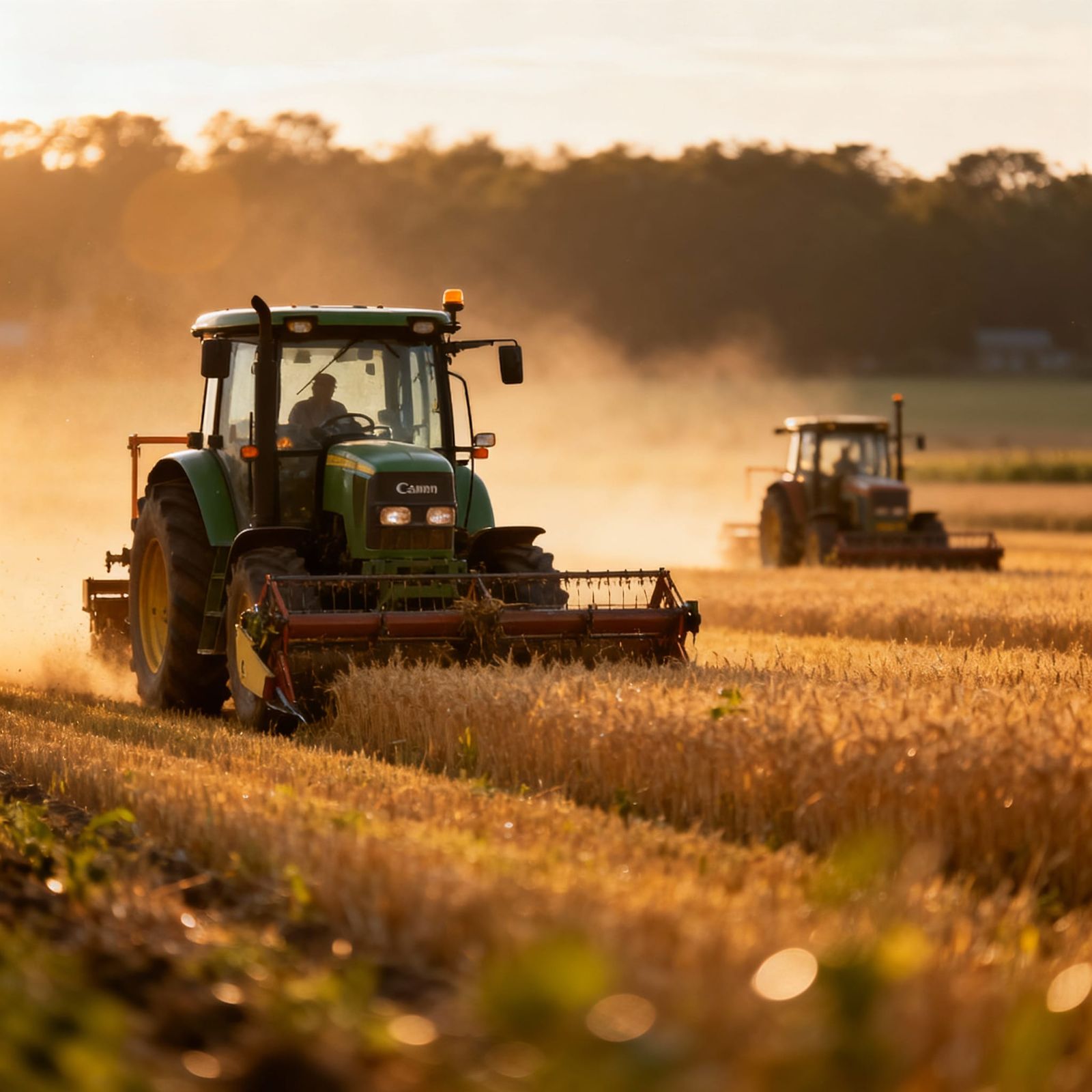 farm fields with trackers harvest the crop