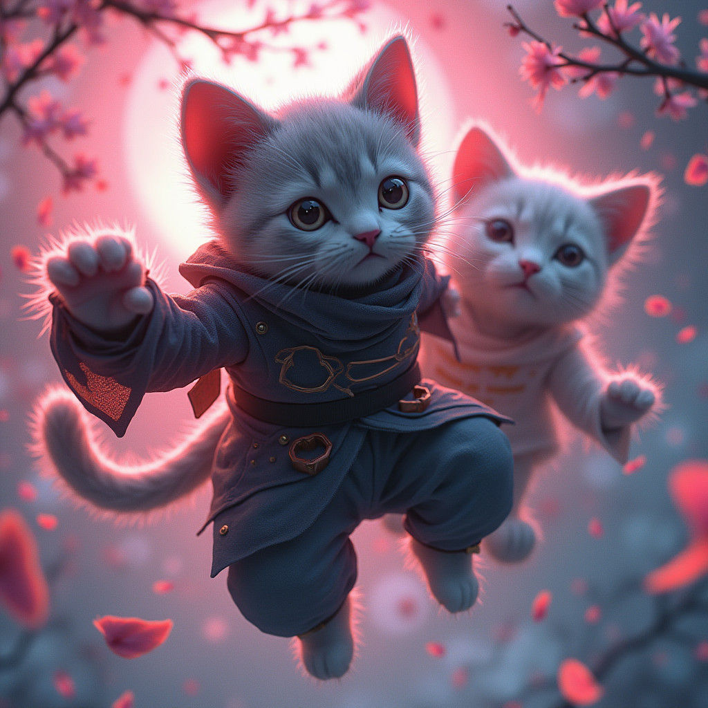 Ninja Cats in Anime Style with Cherry Blossoms