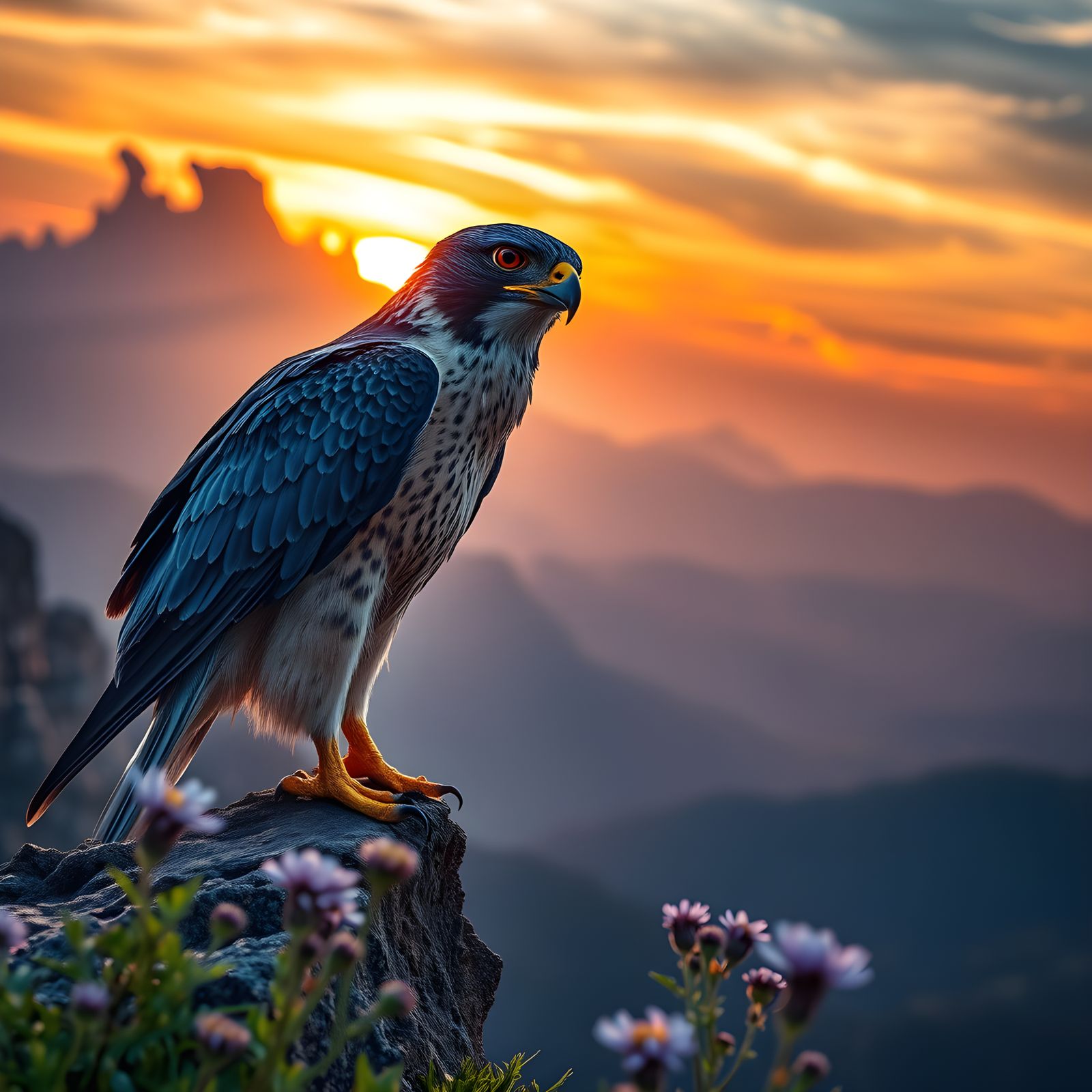 Majestic Cobalt Falcon at Sunset in Hyperrealism