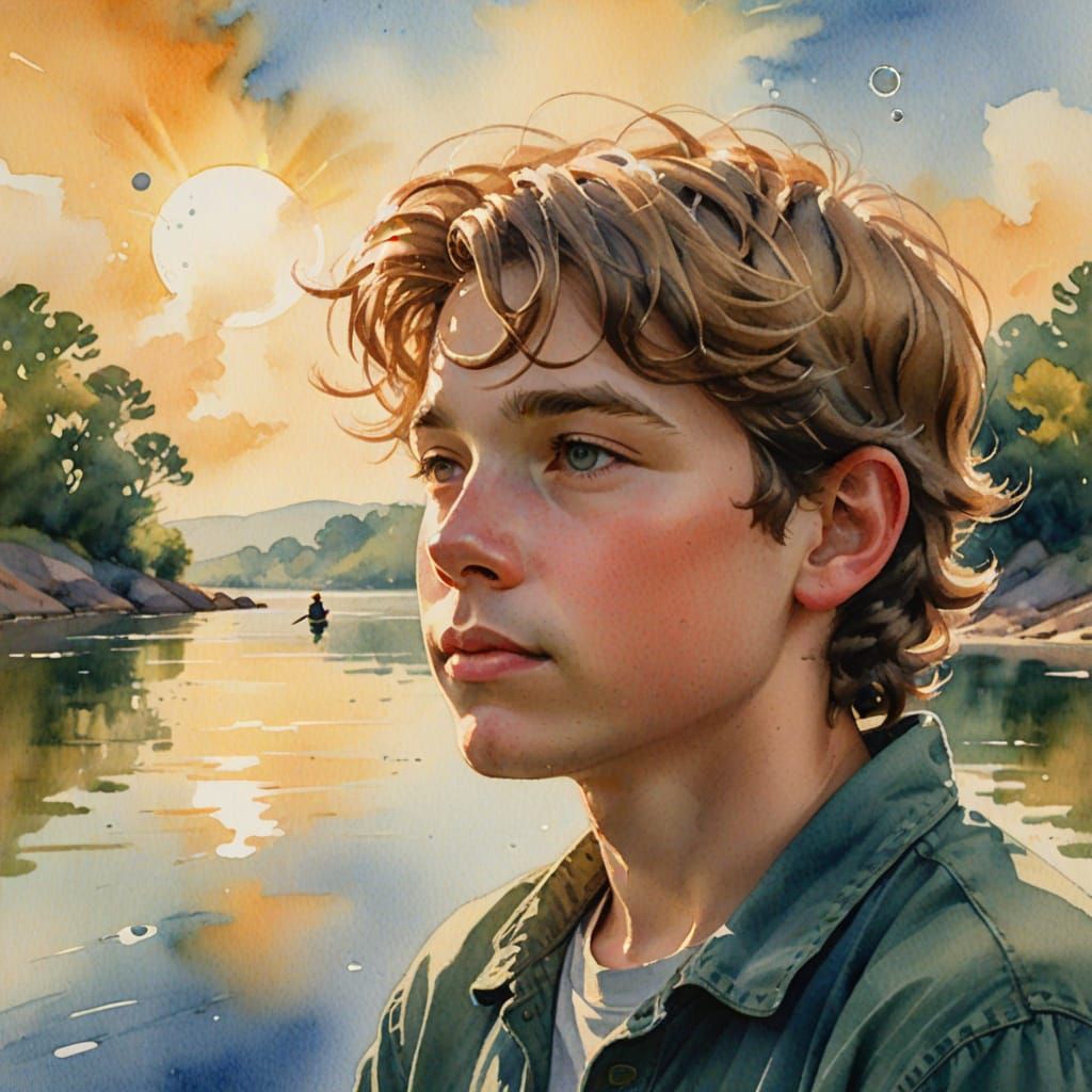 Impressionistic Watercolor Boy Dreams of Fishing