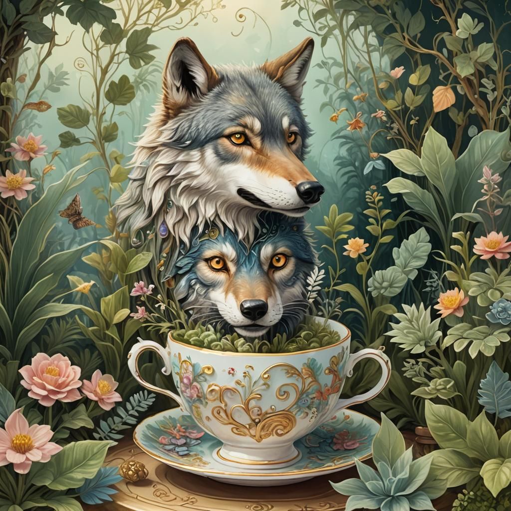Wolf Peering into Teacup Miniature Fantasy World