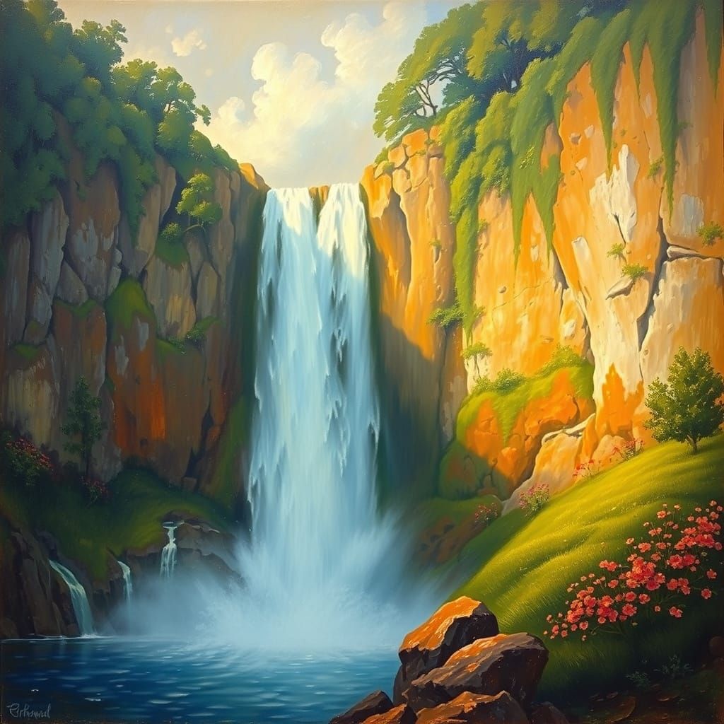 Vibrant Waterfall Landscape in a Romantic Aesthetic