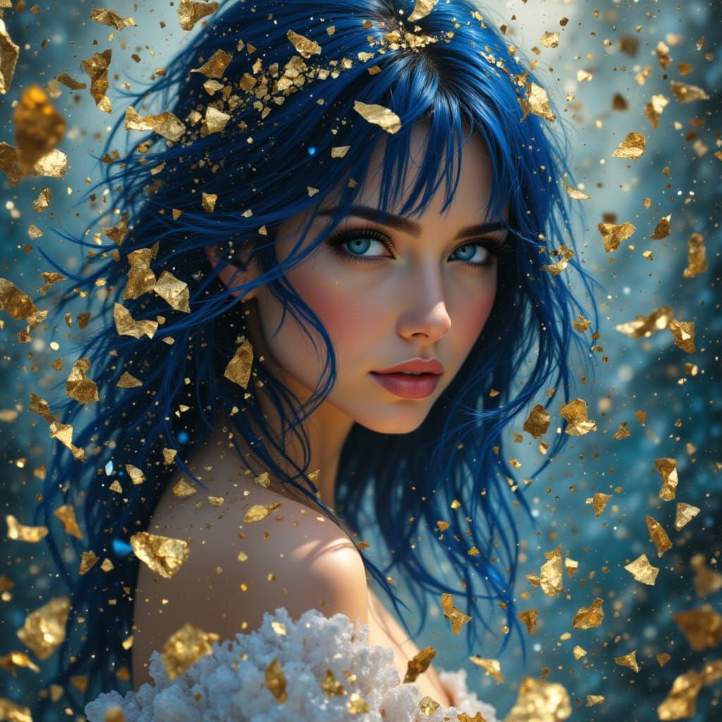 Alt Girl with Blue Hair and Gold Fragments