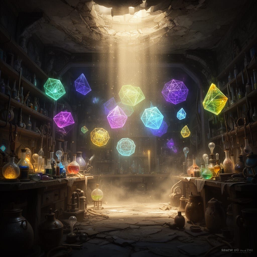Ancient Alchemist Lab with Glowing Geometry and Relics