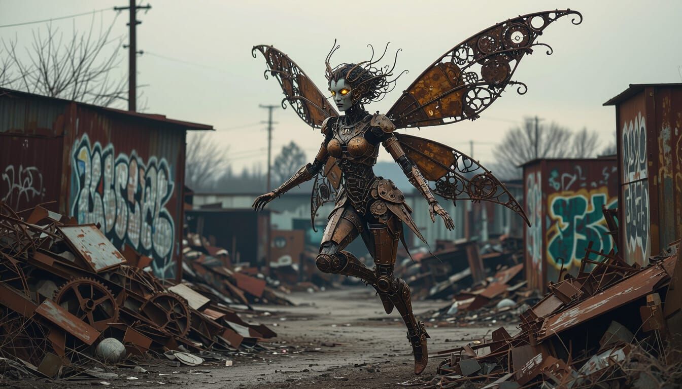 Mechanical Fairy in Junkyard, Steampunk Aesthetic