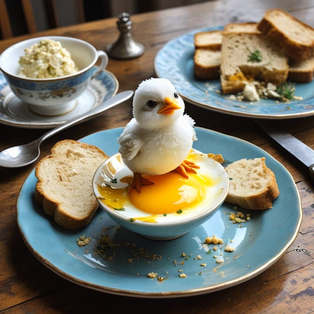 Surreal Scene of Chicken Chick Emerging from Egg, Dripping Y...