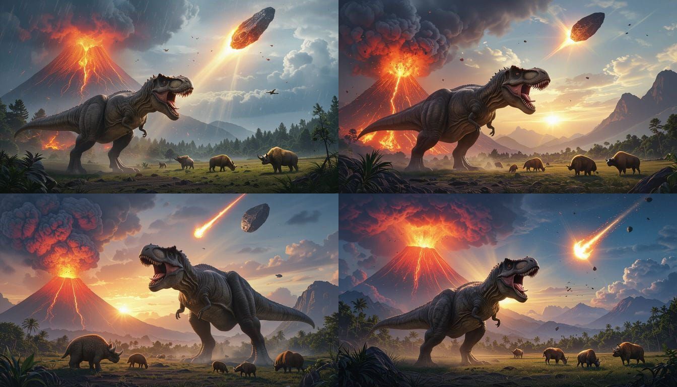 Giant T-Rex Roars Before Volcano and Asteroid