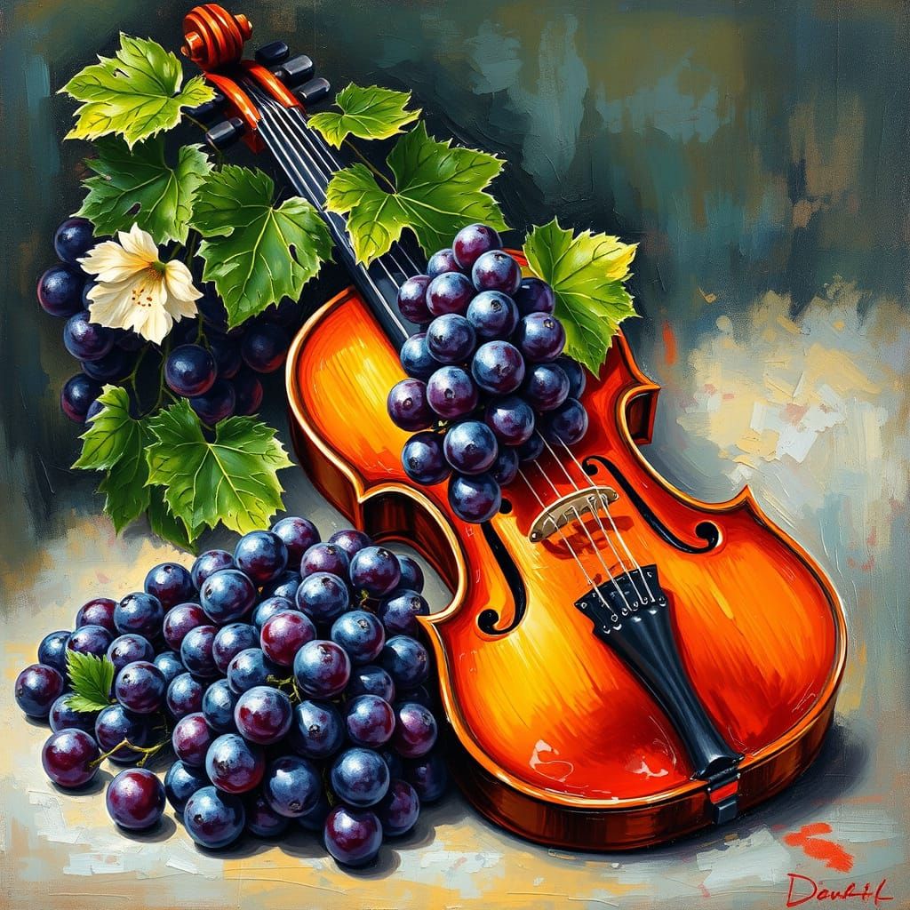 Violin and Grapes in Neo-Impressionist Style