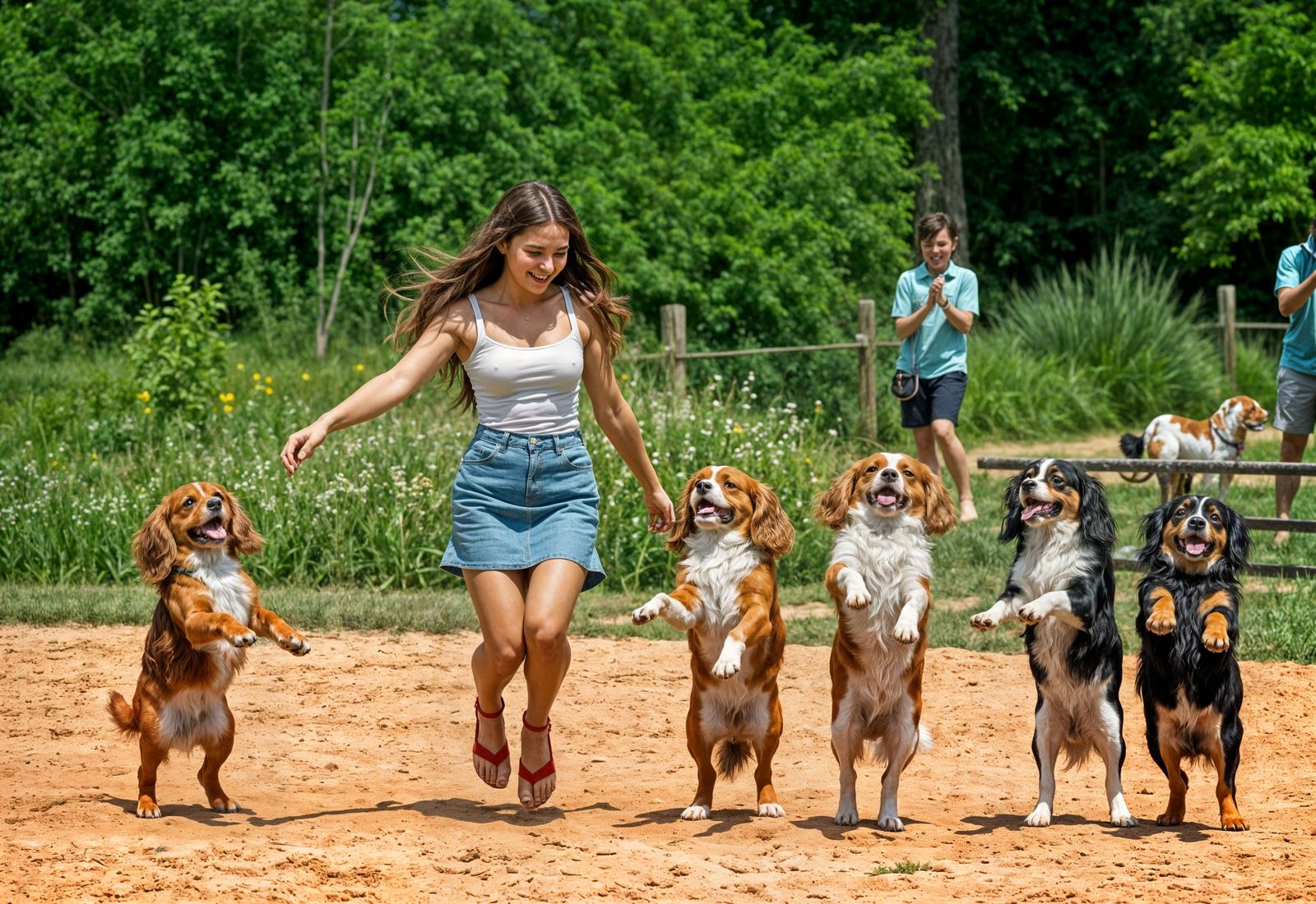 Woman Dances with Cavalier Spaniels in Dog Park