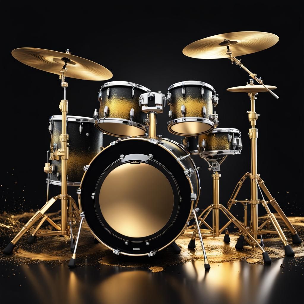detailed black and gold drum set, Hyperrealistic, splash art, concept art, mid shot, intricately detailed, color depth,...