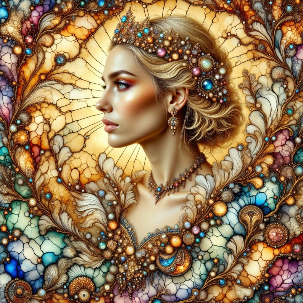 Ornate Queen with Gold Crown in Stained Glass Style