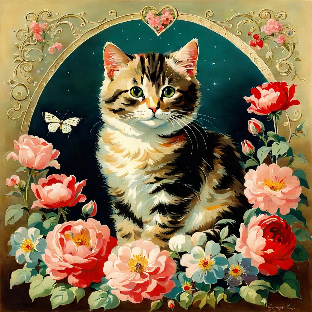 Cat Surrounded by Flowers in Historical Painting Style