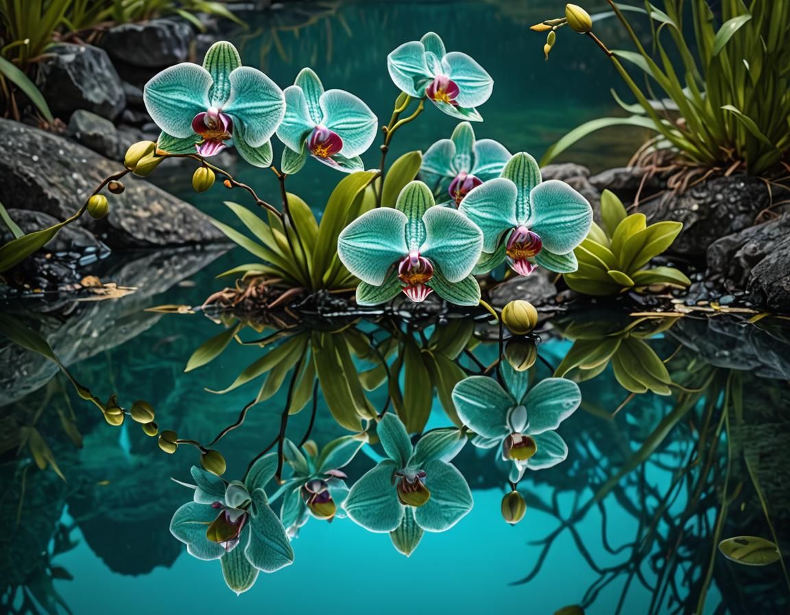 Orchids Reflected in Turquoise Lake: Hyperrealistic Abstract...