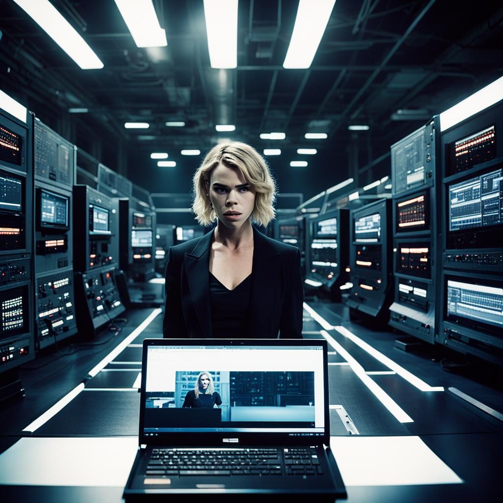 Billie Piper in a black dress in acl high tech room with com...