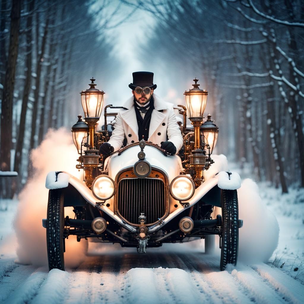 Steampunk Man Drives Convertible in Snowstorm