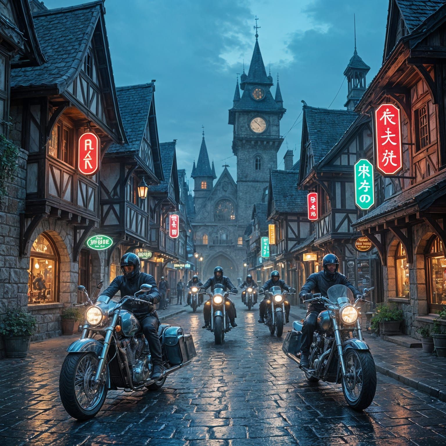 Medieval Village Square with Chrome Motorcycles