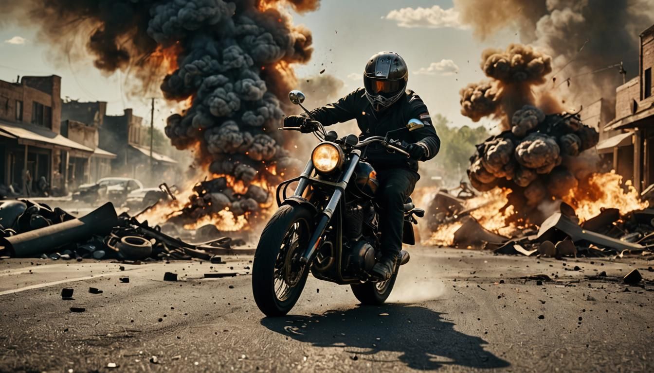 Explosion Rocks Motorcycle Race in Cinematic Style