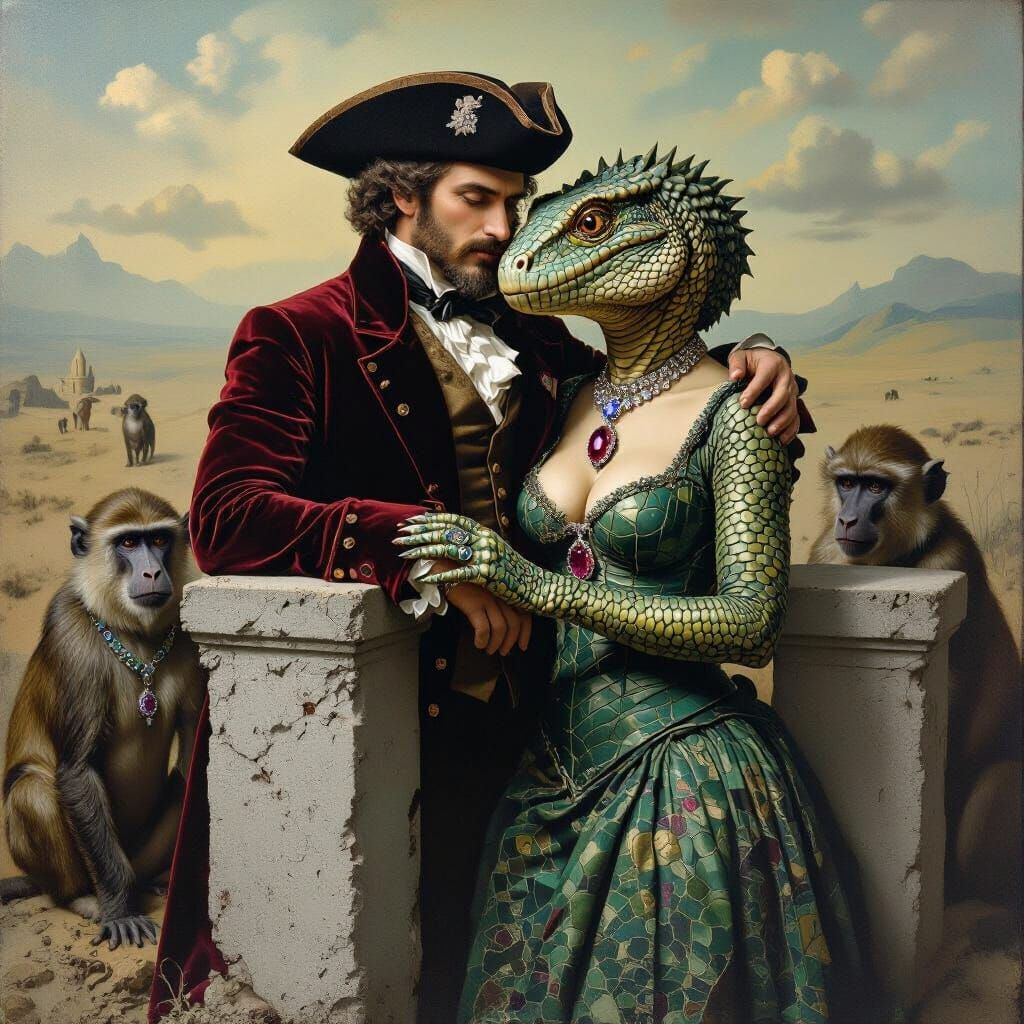 Embrace in Decay: Surreal Reptilian Love