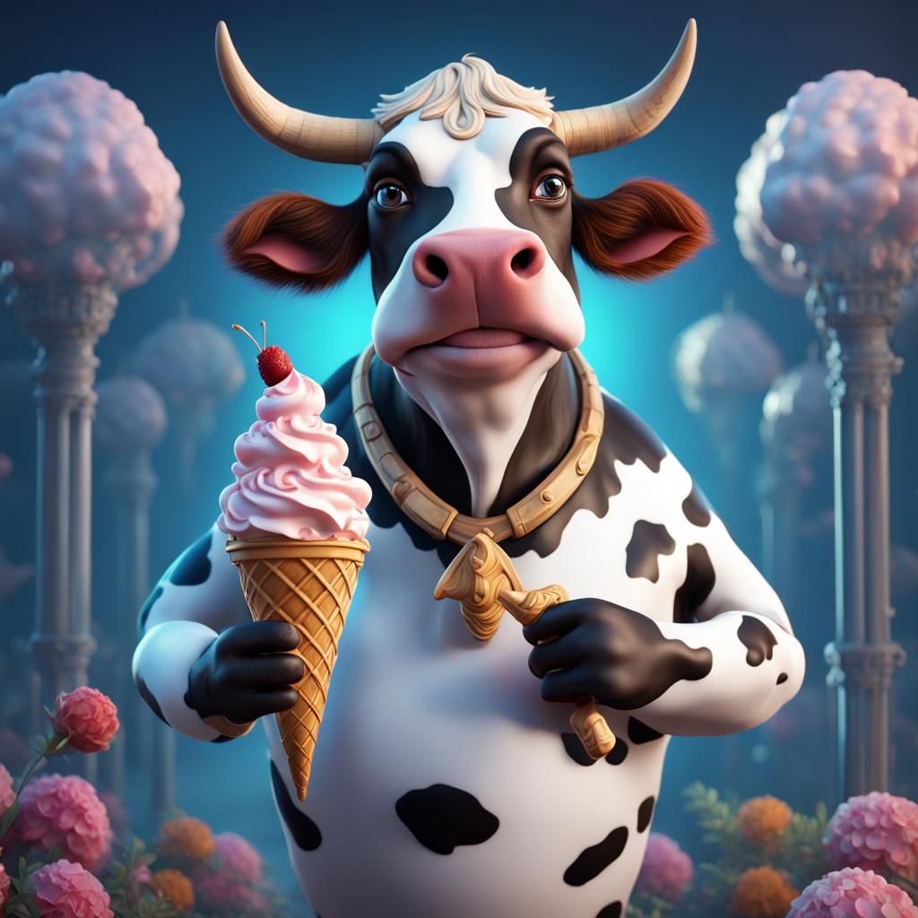 Cow with Ice Cream Cone: Detailed Matte Painting
