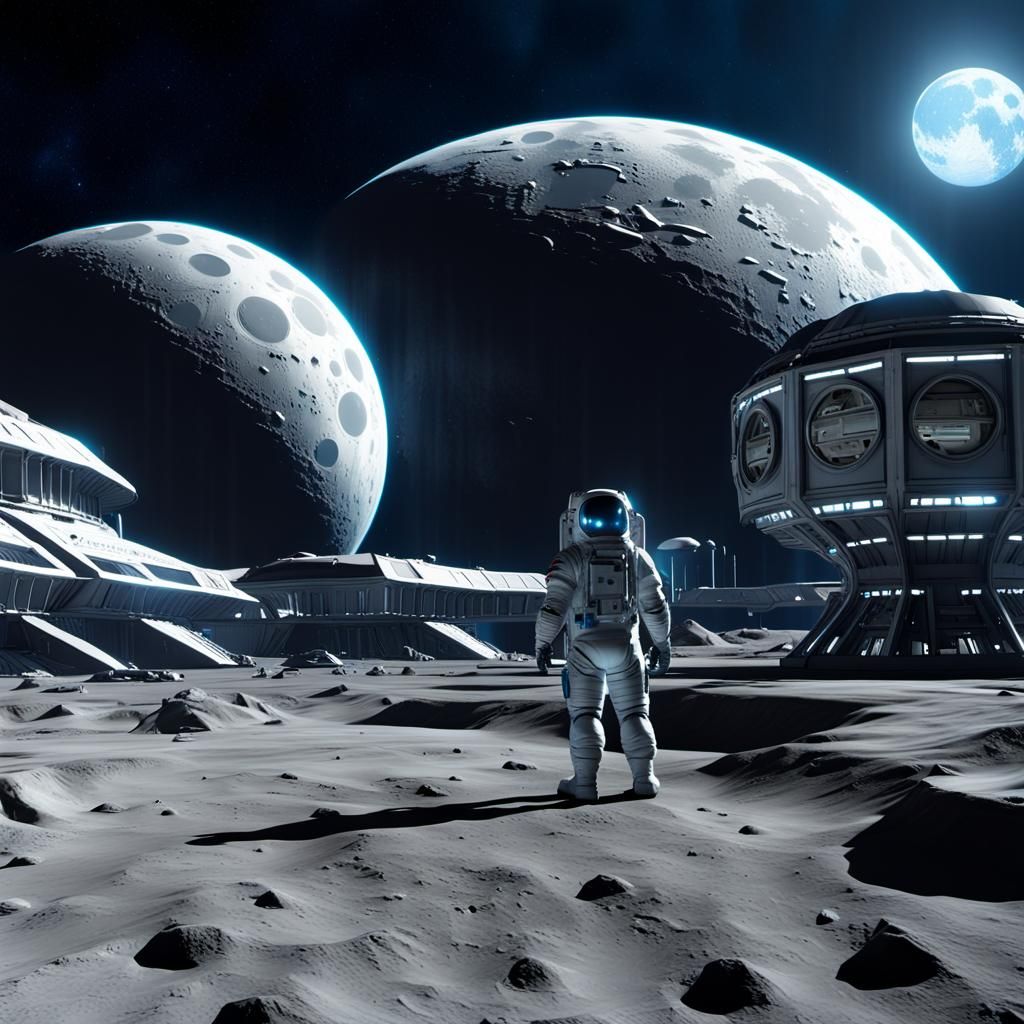 Futuristic Astronaut at Moon Base Entrance