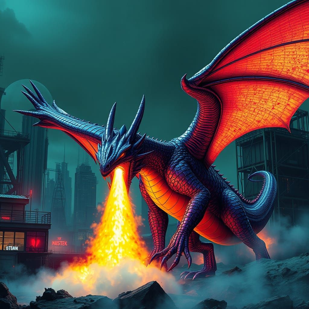 Cyberpunk Nuclear Dragon Illuminates Gritty Futuristic Citys...