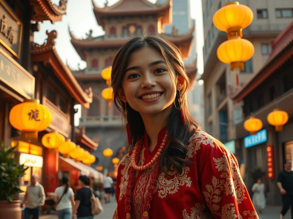 Joyful Woman in Traditional Asian Attire in Bustling Orienta...