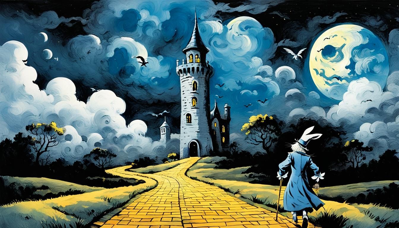 Sumi-e Style Fantasy Landscape with Yellow Brick Road