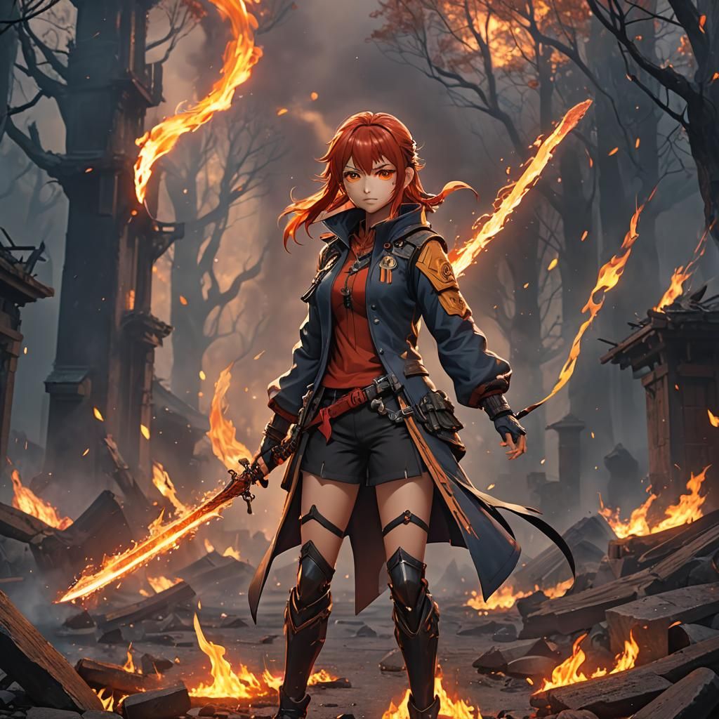 Anime Fire Girl with Sword, Detailed Digital Art